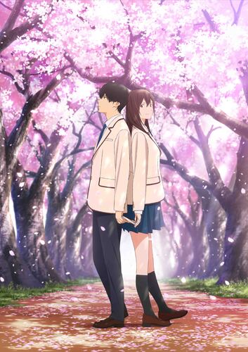 Le visuel, montrant le couple de protagonistes dos-à-dos au milieu des cerisiers en fleurs.